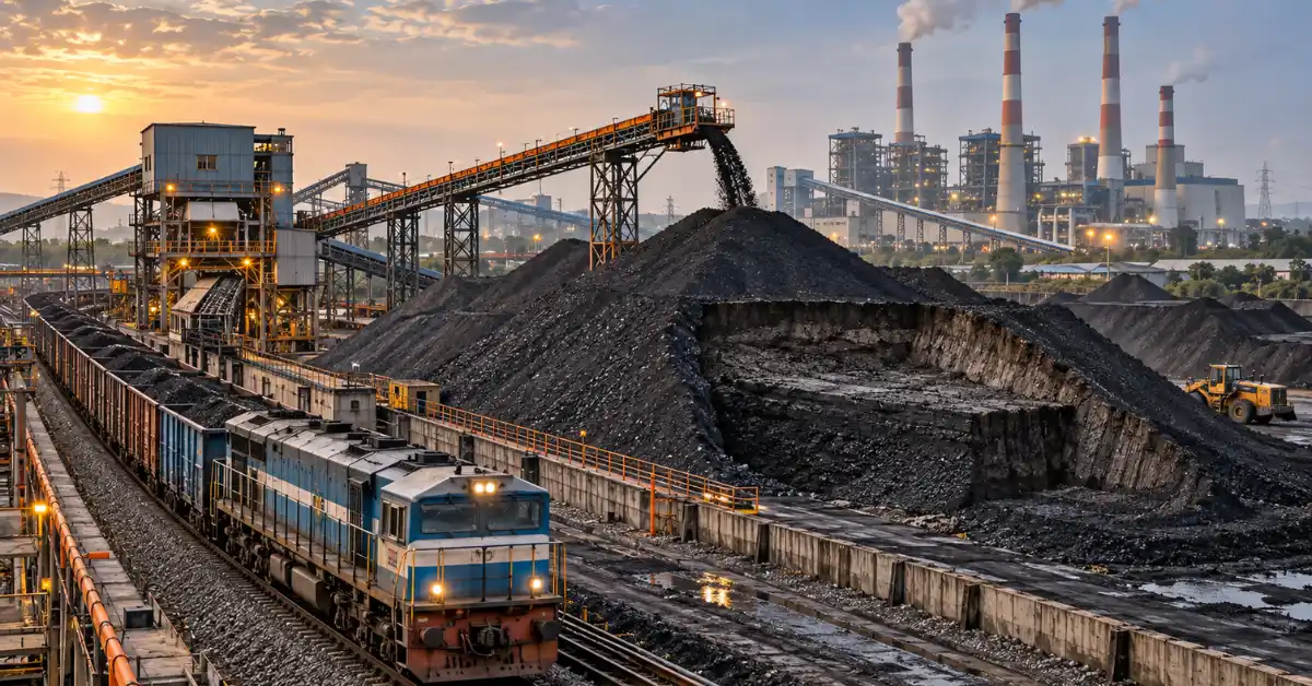 Documentary-style view of Critical Coal Stocks at an Indian thermal power station, showing coal stockpiles, freight railway wagons and operational fuel-handling equipment.