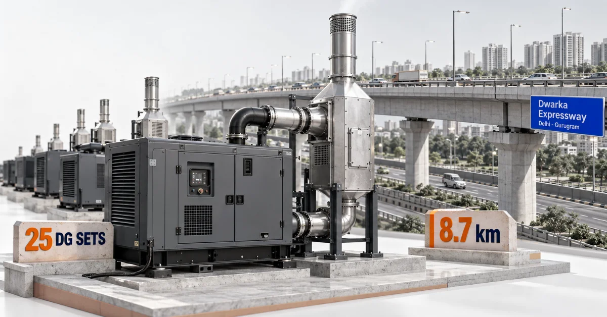 Premium 3D editorial diorama of a diesel generator retrofit emission-control device beside a miniature Dwarka Expressway section, representing NHAI's 25-generator initiative