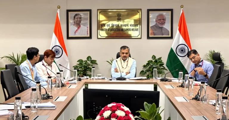 The Infra Post - India's Leading Infrastructure News Platform 26 Government officials seated around a conference table with Indian national flags, framed portraits and a Ministry of Agriculture and Farmers Welfare nameplate.