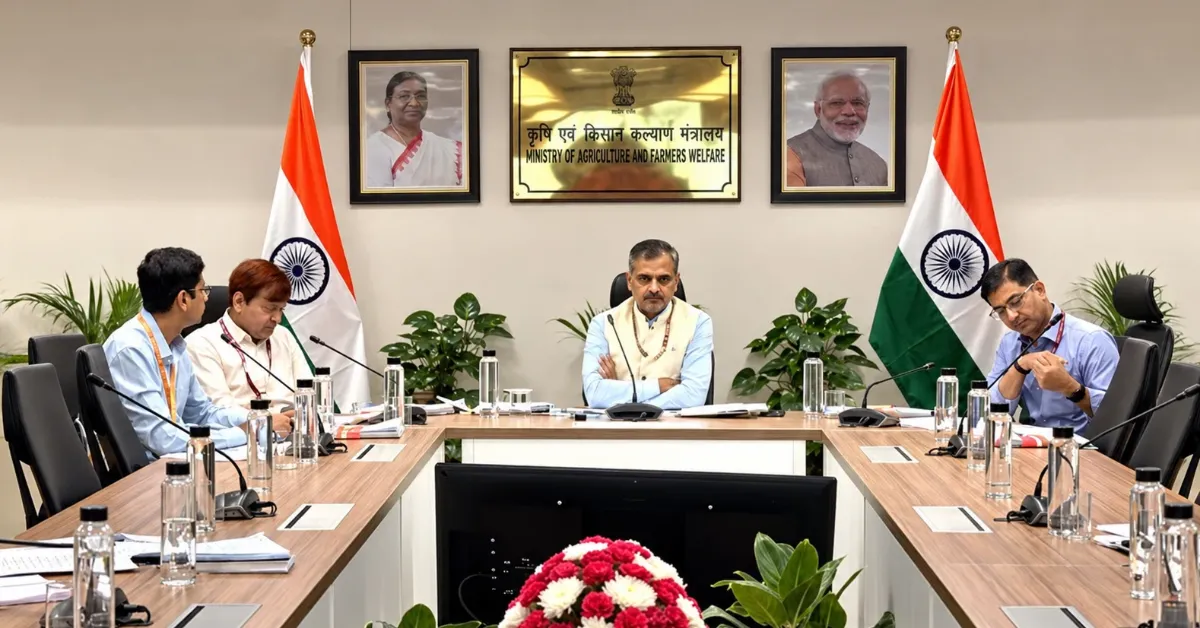 Government officials seated around a conference table with Indian national flags, framed portraits and a Ministry of Agriculture and Farmers Welfare nameplate.
