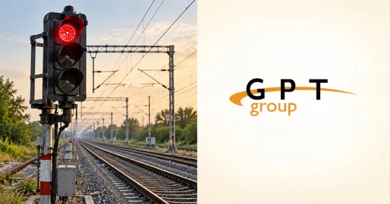The Infra Post - India's Leading Infrastructure News Platform 10 Indian railway signal displaying a red light beside electrified railway tracks, paired with the GPT Group logo for the ₹134.11 crore train signalling contract.