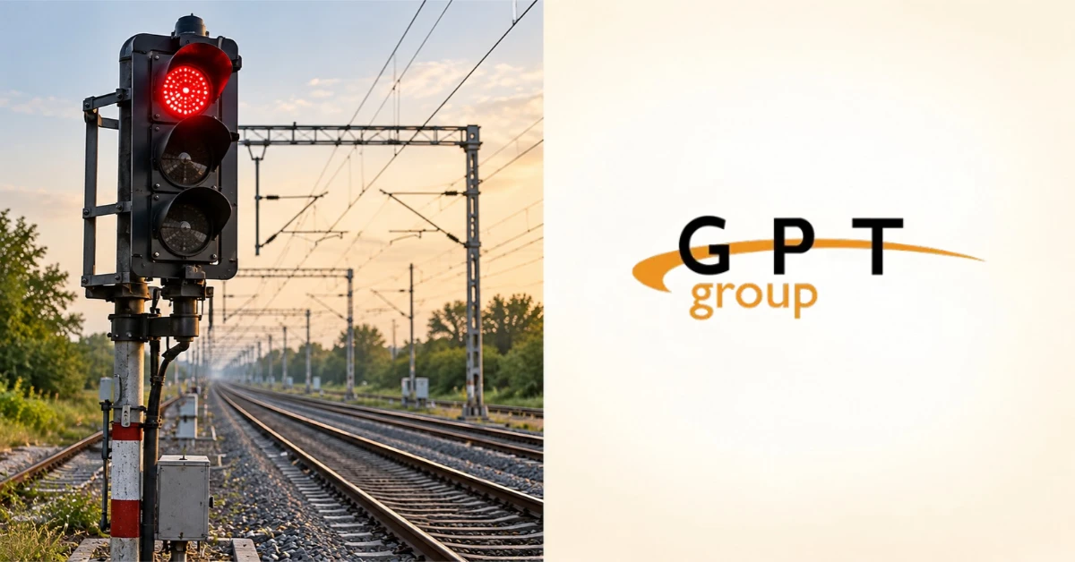 Indian railway signal displaying a red light beside electrified railway tracks, paired with the GPT Group logo for the ₹134.11 crore train signalling contract.