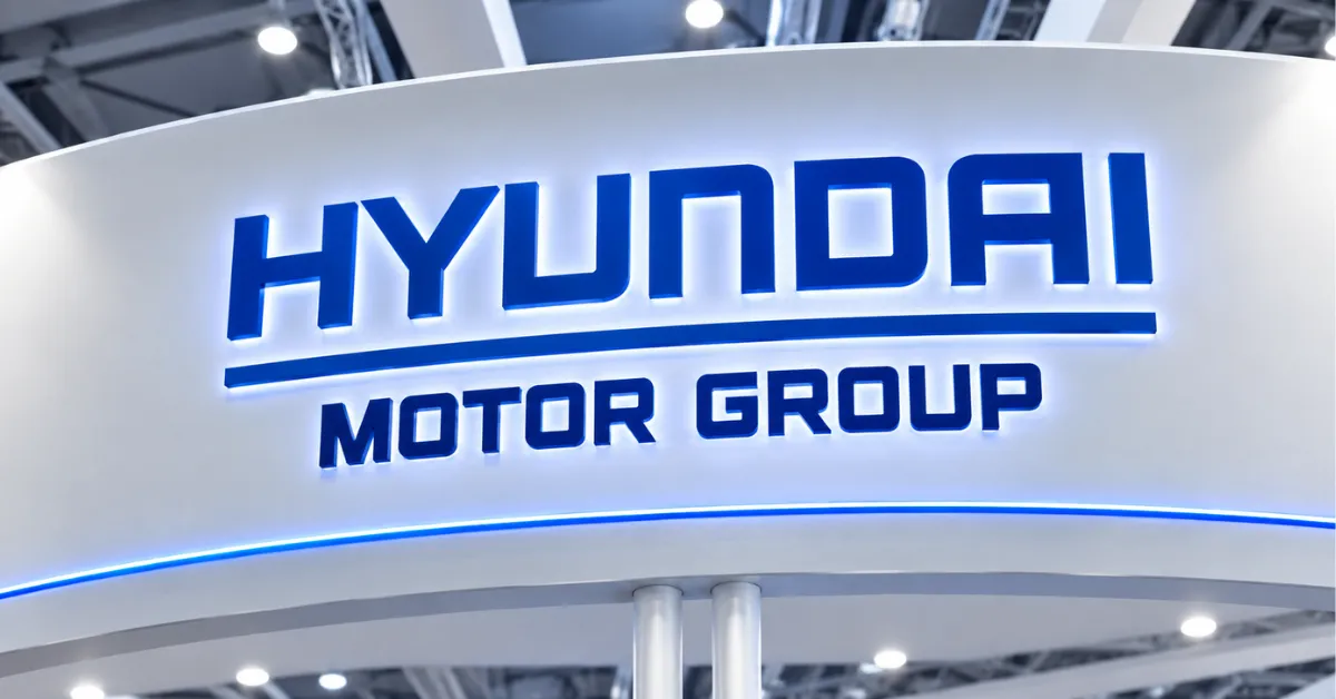 Illuminated Hyundai Motor Group logo displayed in blue lettering on a curved white corporate exhibition backdrop.