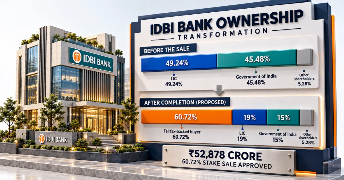 3D infographic comparing IDBI Bank's ownership before and after the proposed Fairfax-backed acquisition, with percentage-based shareholder progress bars.