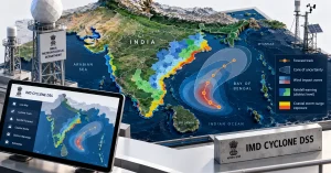 Premium hybrid editorial scene showing a smartphone with a conceptual IMD cyclone warning platform map beside an Indian coastal fishing harbour.