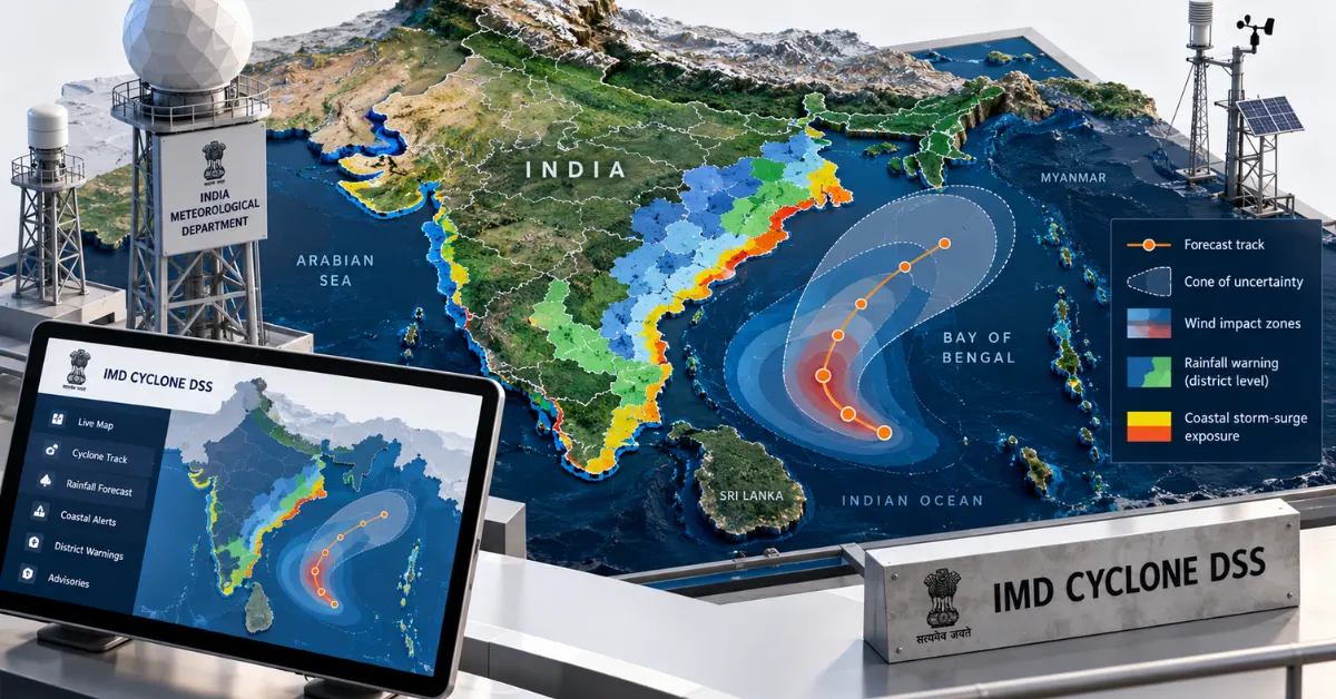 Premium hybrid editorial scene showing a smartphone with a conceptual IMD cyclone warning platform map beside an Indian coastal fishing harbour.