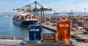 Hybrid editorial view of an Indian cargo terminal with proportional trade indicators and a $74.93 billion trade deficit marker.