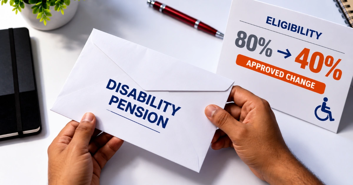 Hands holding a disability pension envelope beside an eligibility card showing the approved reduction in the disability threshold from 80% to 40%.