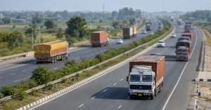 Representative Indian national highway carrying freight trucks, providing context for the rise in highway projects awarded during April–September 2026.