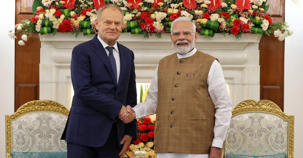 Indian and Polish leaders shaking hands during their bilateral meeting at Hyderabad House in New Delhi on October 22, 2026.