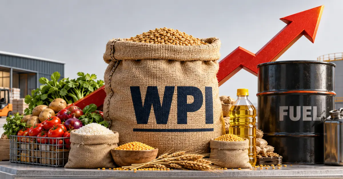 3D illustration of India's wholesale inflation showing a WPI grain sack, food commodities, fuel barrel and rising price arrow.