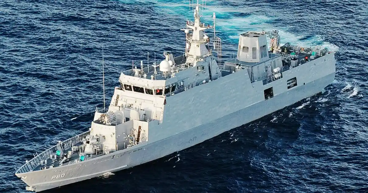 Indian Navy anti-submarine warfare vessel navigating at sea, showing its grey hull, bridge, mast and naval superstructure.