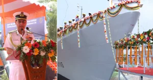 Split image showing an Indian Navy officer addressing a launch ceremony and the decorated bow of patrol vessel Shreyas at GRSE in Kolkata.