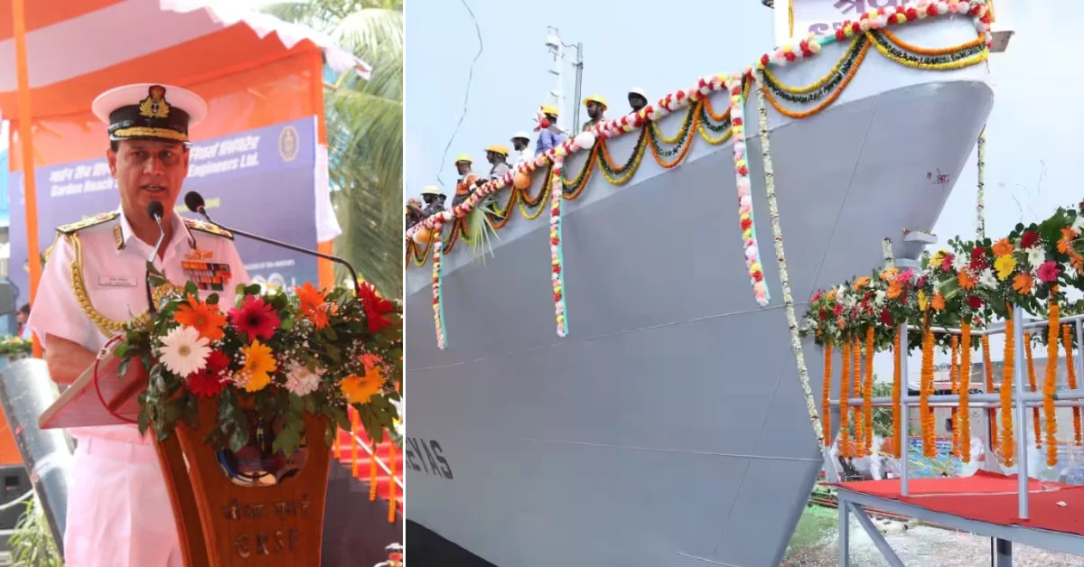 Split image showing an Indian Navy officer addressing a launch ceremony and the decorated bow of patrol vessel Shreyas at GRSE in Kolkata.