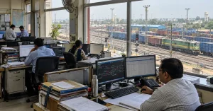 Documentary-style railway operations office overlooking a freight yard, providing working-environment context for Indian Railways recruitment 2026.
