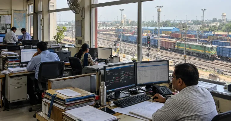 Documentary-style railway operations office overlooking a freight yard, providing working-environment context for Indian Railways recruitment 2026.