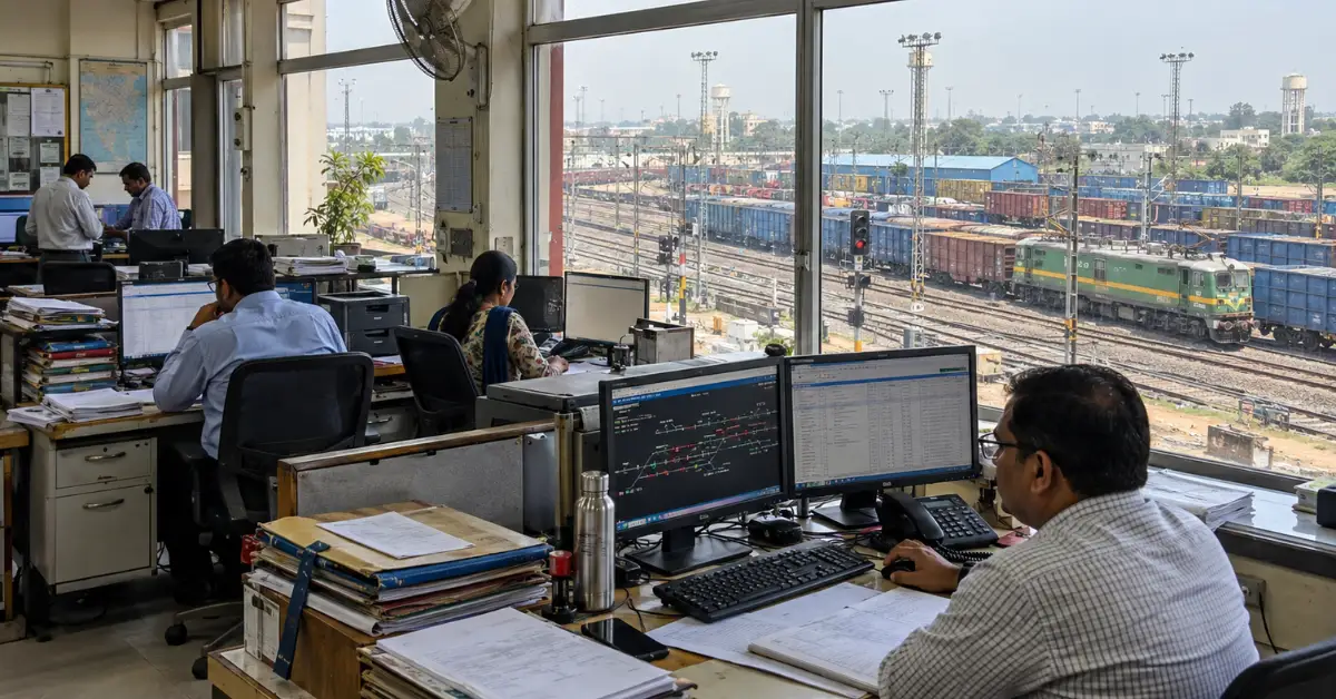Documentary-style railway operations office overlooking a freight yard, providing working-environment context for Indian Railways recruitment 2026.
