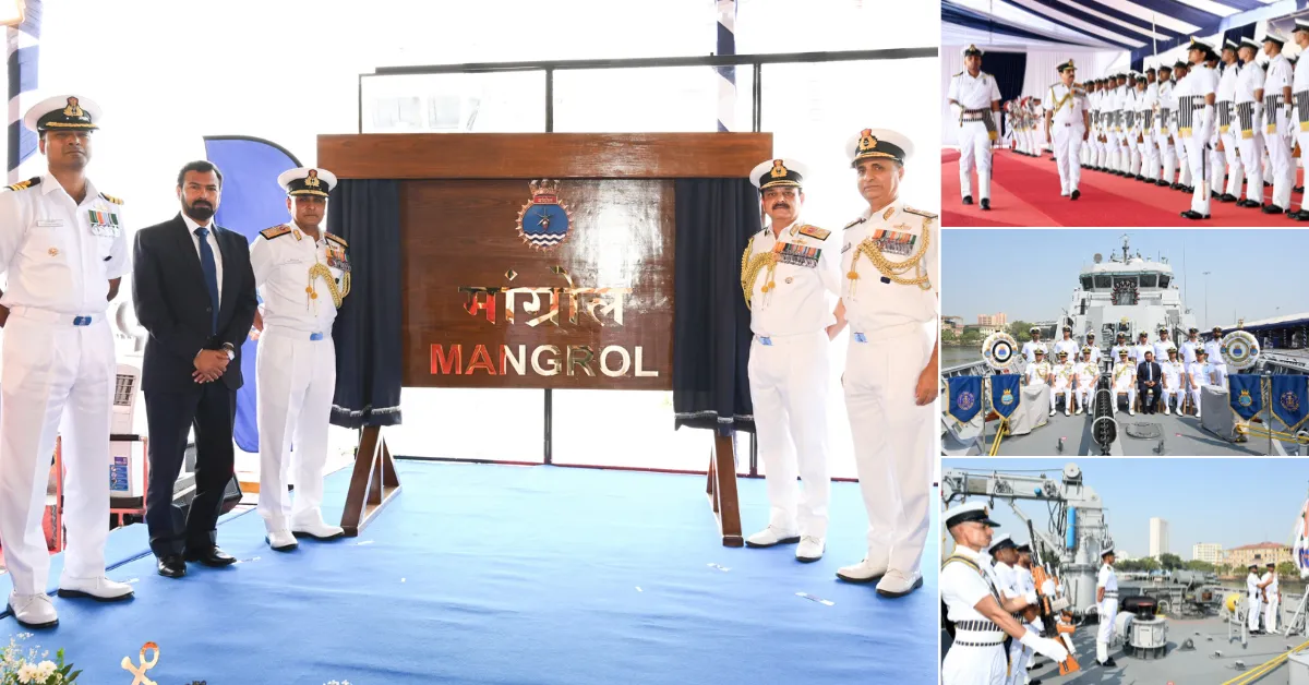 Official photo collage of the INS Mangrol commissioning ceremony, showing naval officers, the warship's nameboard, ceremonial parade and shipboard activities.