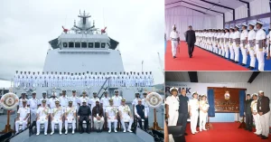 INS Samarthak commissioning ceremony at Karwar, showing Indian Navy personnel aboard the vessel, a ceremonial inspection and the unveiling of a ship plaque.
