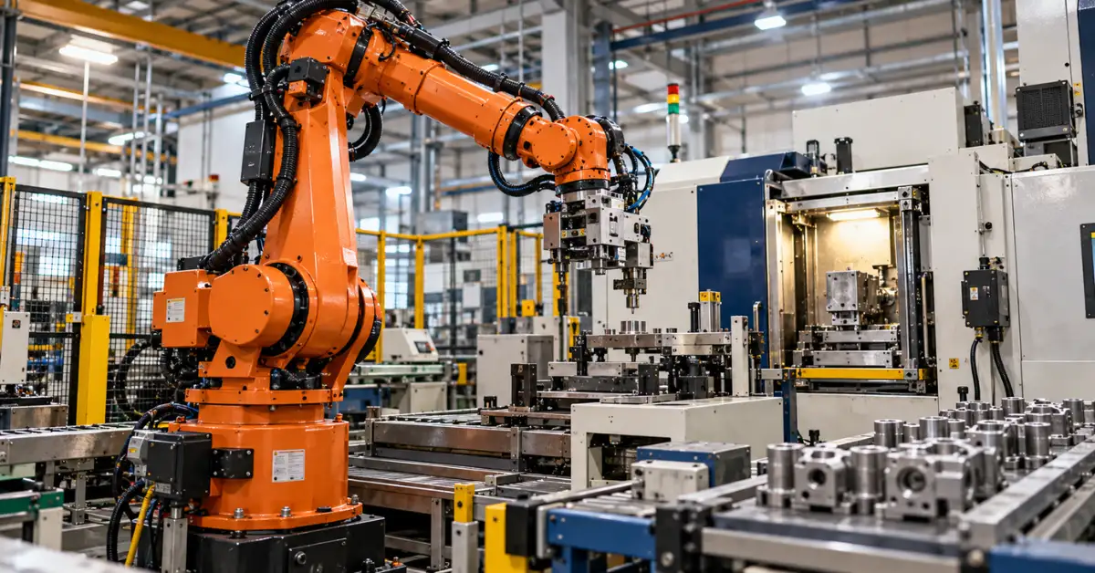 Orange industrial robotic arm and precision-manufacturing machinery representing Investment & Precision Castings' production of CQB carbine components.
