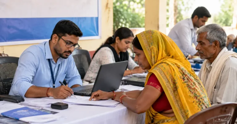 Bank representative assisting a woman with paperwork at a community banking camp, representing Jan Dhan financial inclusion services in rural India.