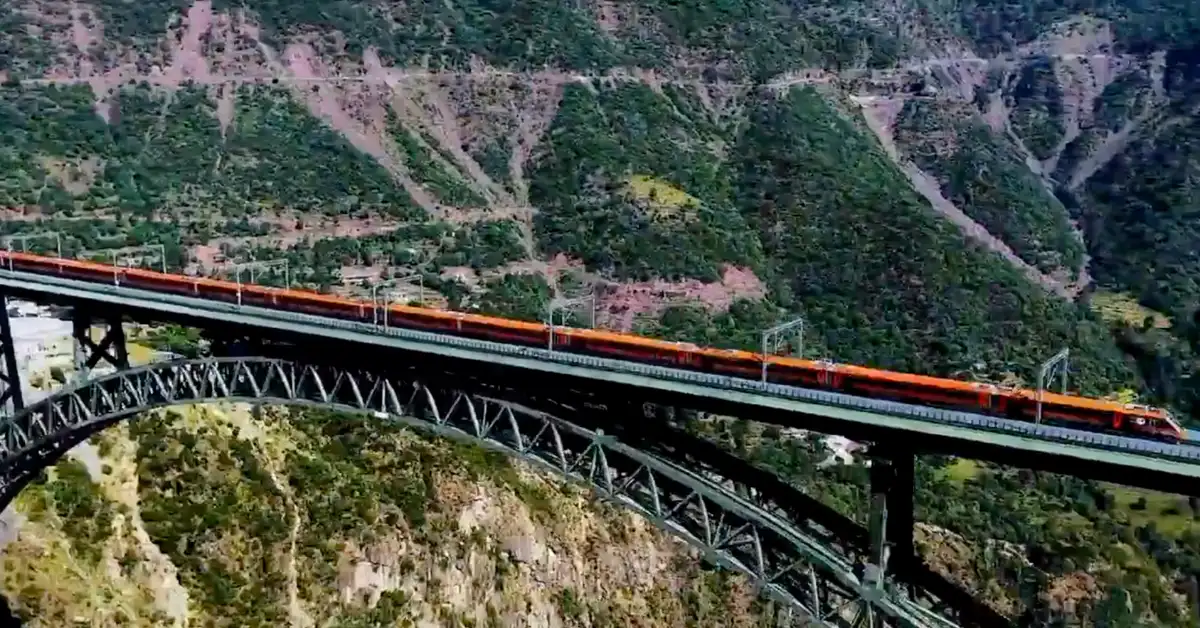 Kashmir Rail Link Vande Bharat crossing the Chenab Rail Bridge during the 100 km/h run.