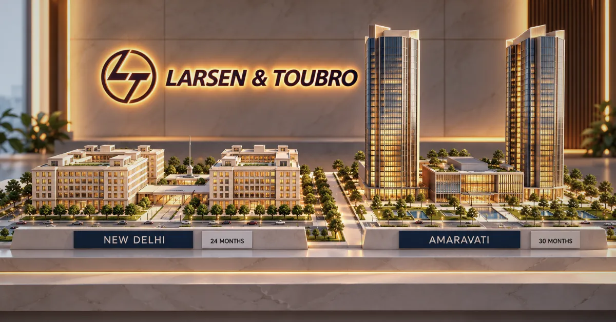 Conceptual architectural models of L&T's Delhi Secretariat buildings and twin 47-floor Amaravati office towers, showing their planned construction scale.
