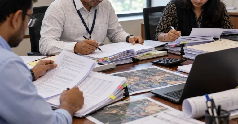 Three professionals reviewing paperwork, terrain maps and technical documents at a conference table, representing the evaluation process for mineral auctions.