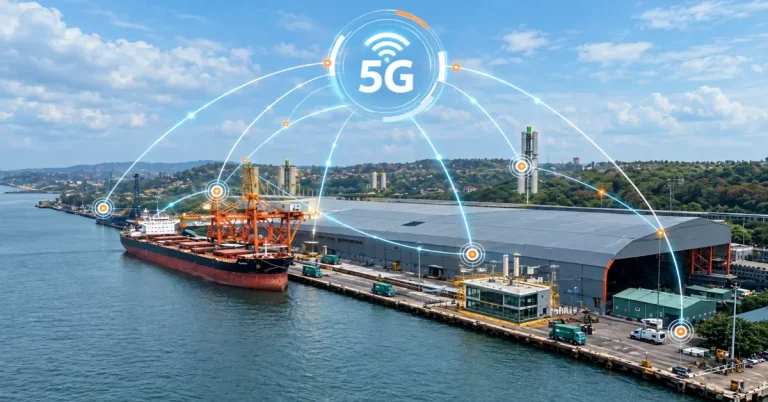 The Infra Post - India's Leading Infrastructure News Platform 23 Mormugao Port cargo vessel, cranes and industrial terminal with a 5G signal overlay representing private 5G approval and planned digital connectivity.