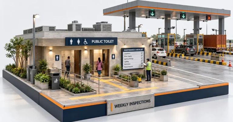 The Infra Post - India's Leading Infrastructure News Platform 8 Premium hybrid editorial image of a highway sanitation facility and inspection evidence representing NHAI toll plaza maintenance rules.