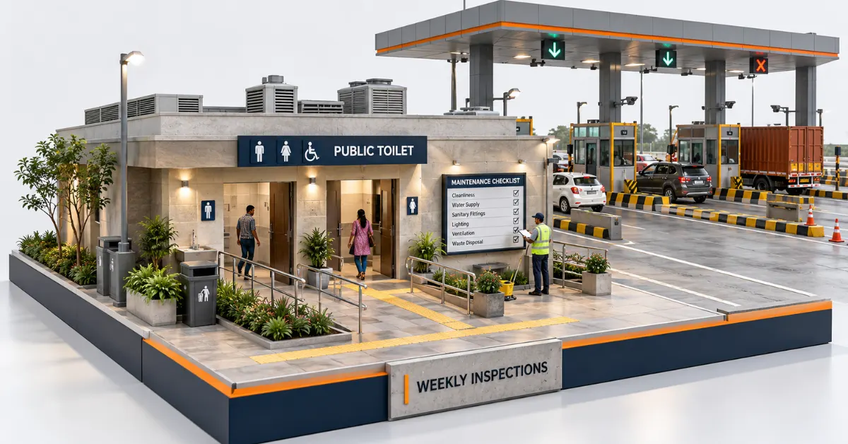 Premium hybrid editorial image of a highway sanitation facility and inspection evidence representing NHAI toll plaza maintenance rules.
