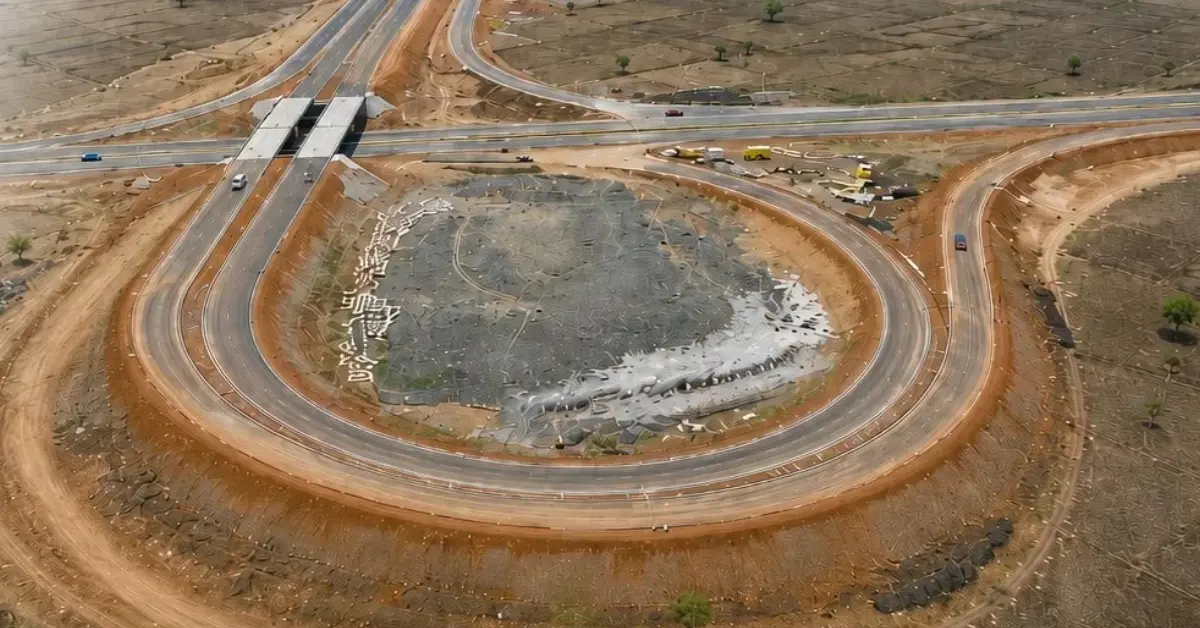 Aerial view of a curved highway interchange with an overpass and connecting roads, accompanying coverage of the NH-346 improvement tender in Madhya Pradesh.