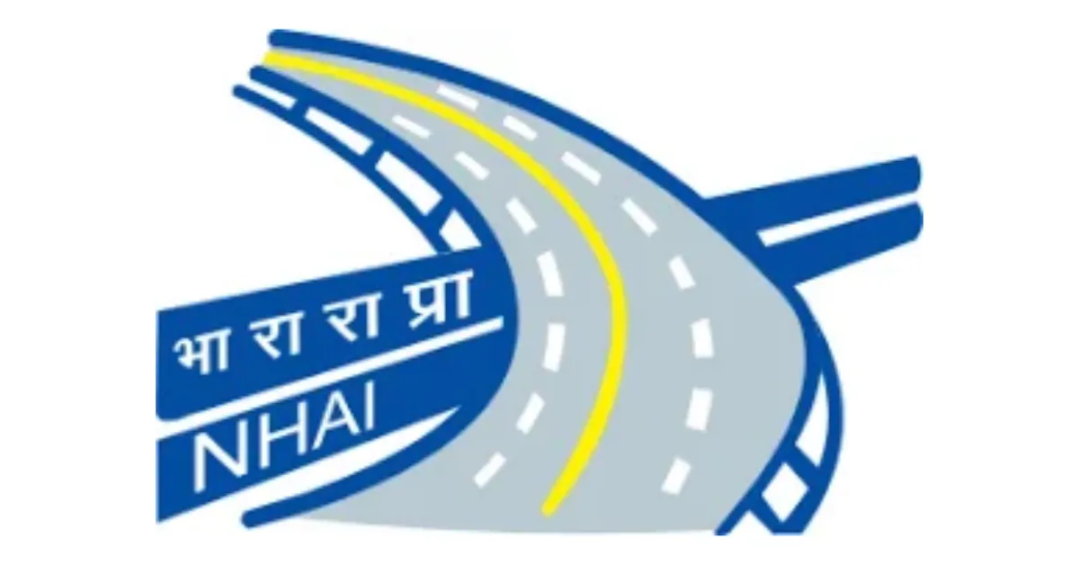 National Highways Authority of India (NHAI) logo featuring a stylised blue and grey highway with yellow road markings and Hindi and English lettering.