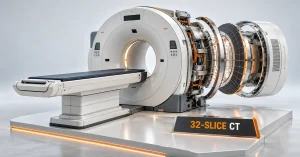 Premium 3D miniature of a proposed 32-slice CT scanner representing Panacea Medical Technologies' indigenous medical equipment project.