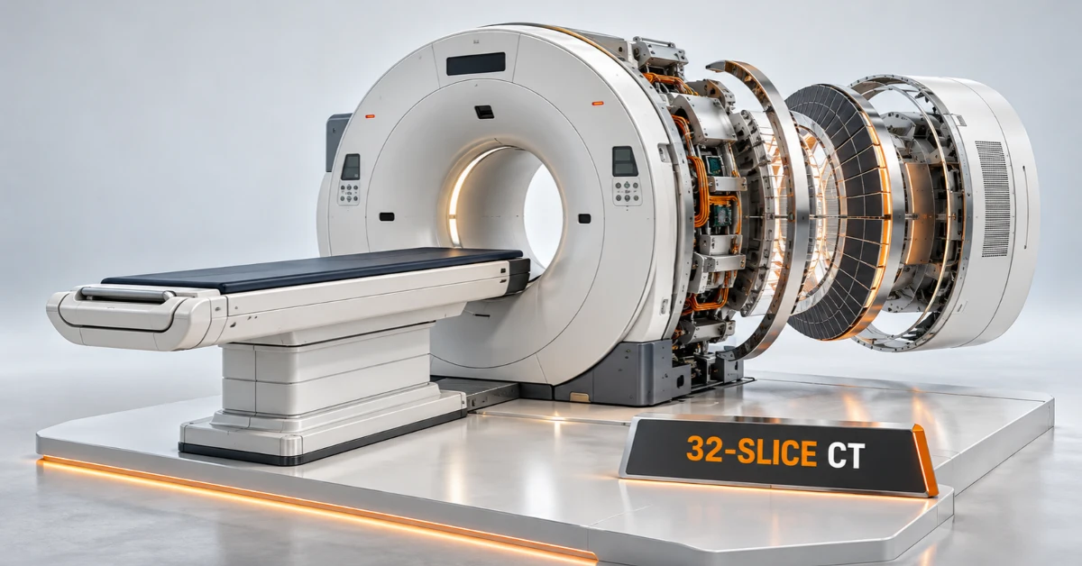 Premium 3D miniature of a proposed 32-slice CT scanner representing Panacea Medical Technologies' indigenous medical equipment project.