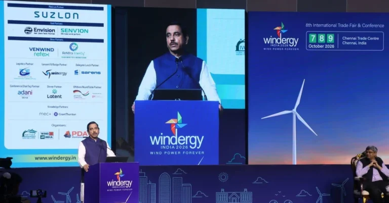 The Infra Post - India's Leading Infrastructure News Platform 20 Union Minister Pralhad Joshi addressing Windergy India 2026 in Chennai, where India's wind power capacity of 59.20 GW was highlighted.