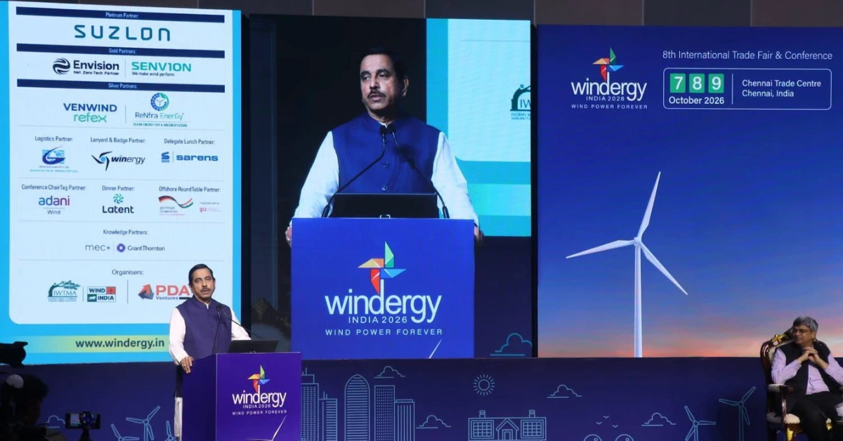 Union Minister Pralhad Joshi addressing Windergy India 2026 in Chennai, where India's wind power capacity of 59.20 GW was highlighted.