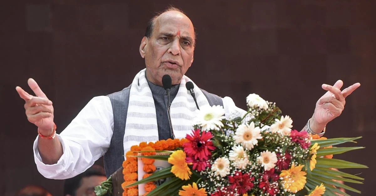 Defence Minister Rajnath Singh speaking at a public event, used for a report on the revised testing regime for defence firms.