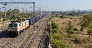 Representative electrified railway corridor in Telangana, showing overhead power infrastructure relevant to the planned Kazipet power substation.