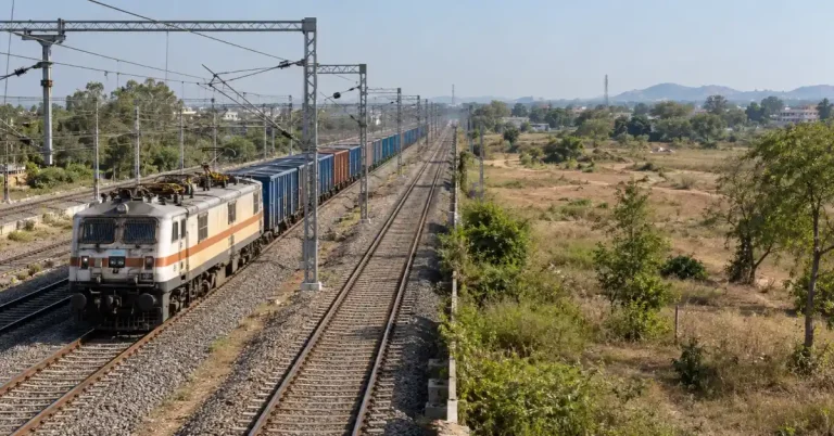 Representative electrified railway corridor in Telangana, showing overhead power infrastructure relevant to the planned Kazipet power substation.