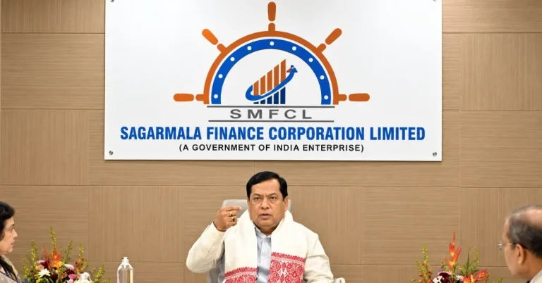 3D maritime infrastructure model showing a cargo vessel, port facilities and shipbuilding yard alongside Sagarmala Finance's cumulative lending target.