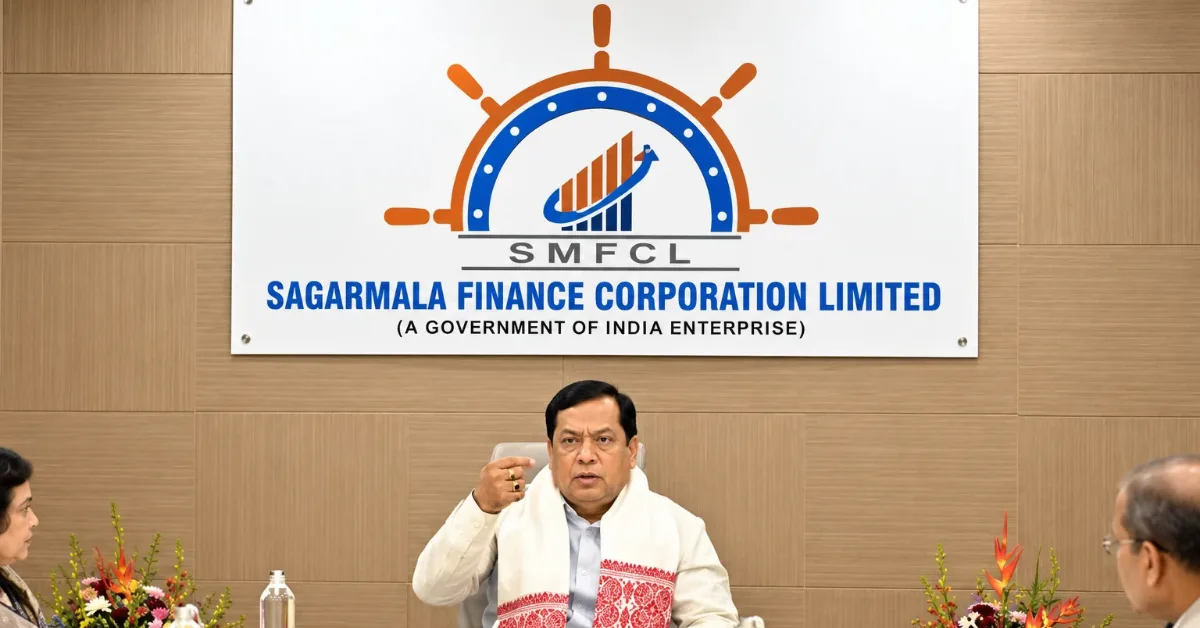 3D maritime infrastructure model showing a cargo vessel, port facilities and shipbuilding yard alongside Sagarmala Finance's cumulative lending target.