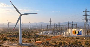 SECI wind capacity shown with utility-scale turbines, a power substation and high-voltage transmission lines in a semi-arid Indian landscape.
