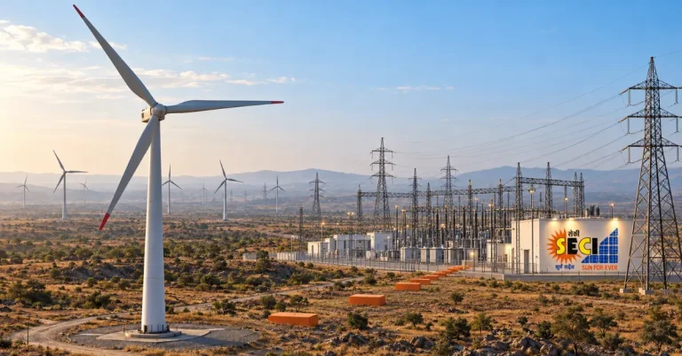 The Infra Post - India's Leading Infrastructure News Platform 21 SECI wind capacity shown with utility-scale turbines, a power substation and high-voltage transmission lines in a semi-arid Indian landscape.