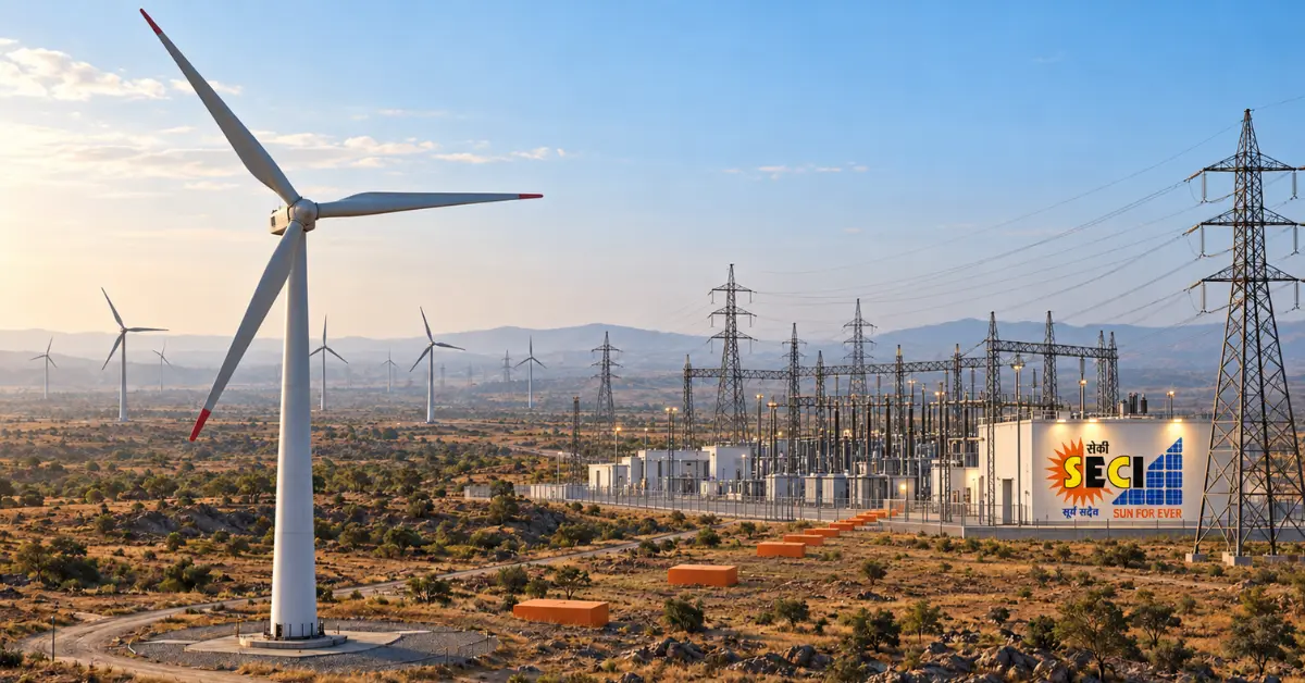 SECI wind capacity shown with utility-scale turbines, a power substation and high-voltage transmission lines in a semi-arid Indian landscape.