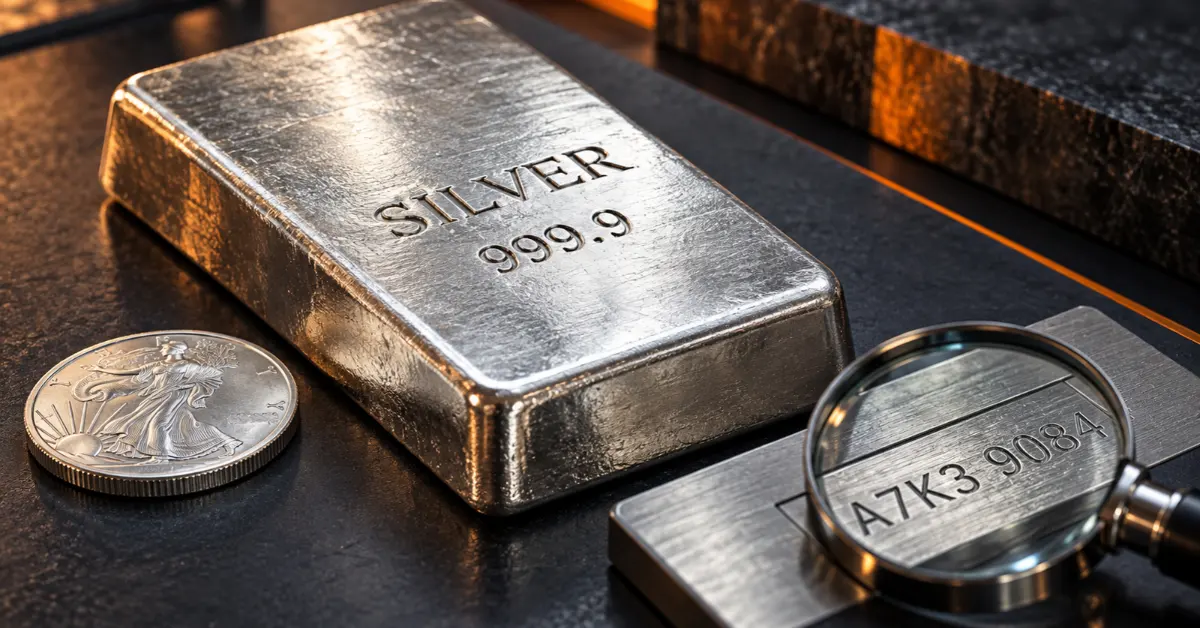 Close-up of a silver bar and coin with a 999.9 purity engraving and enlarged serial-number detail, representing the BIS hallmarking scheme.