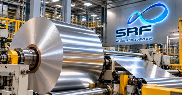 Large aluminium foil coil on industrial rolling machinery with SRF branding in the background, representing the company's planned battery materials expansion.