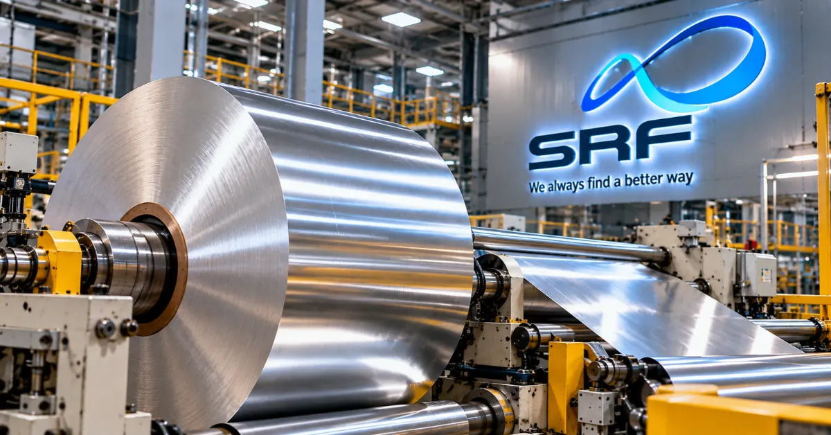 Large aluminium foil coil on industrial rolling machinery with SRF branding in the background, representing the company's planned battery materials expansion.