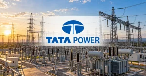 Tata Power logo displayed over a high-voltage electricity substation featuring transmission towers, transformers and electrical grid infrastructure.