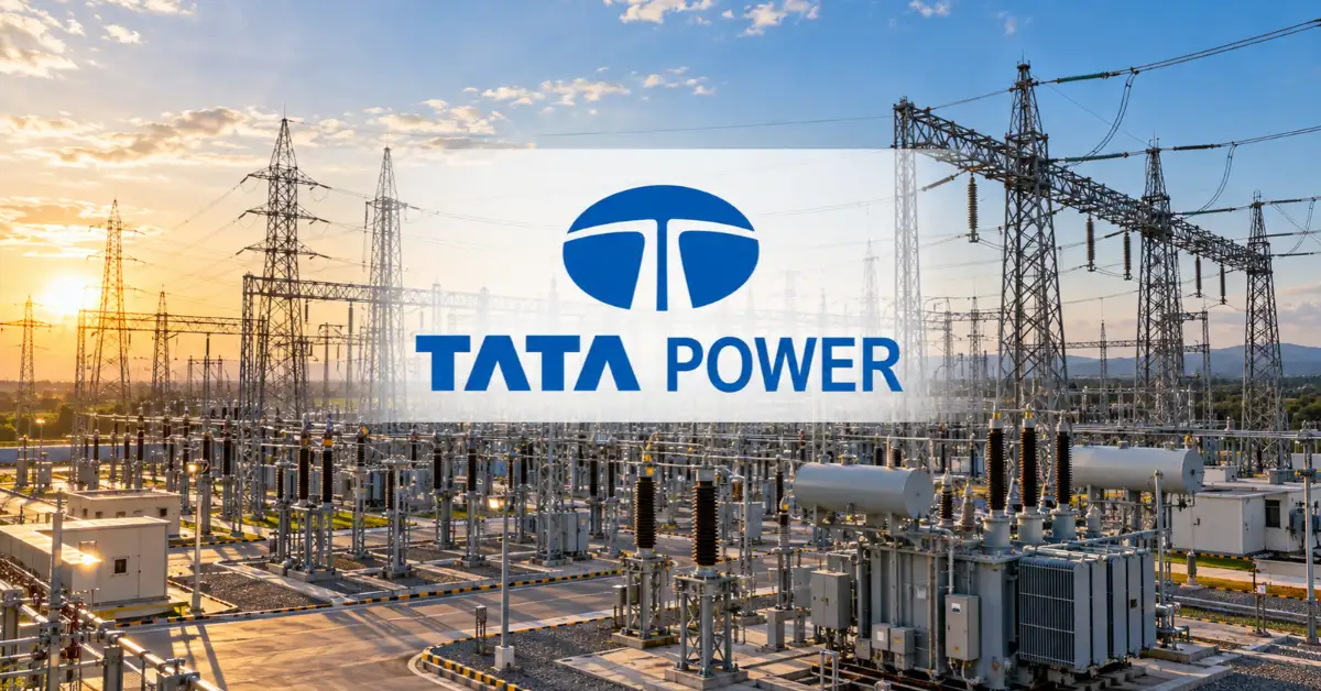 Tata Power logo displayed over a high-voltage electricity substation featuring transmission towers, transformers and electrical grid infrastructure.